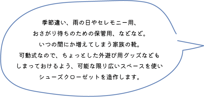 季節違い、雨の日やセレモニー用、おさがり待ちのための保管用、などなど。いつの間にか増えてしまう家族の靴。可動式なので、ちょっとした外遊び用グッズなどもしまっておけるよう、可能な限り広いスペースを使いシューズクローゼットを造作します。